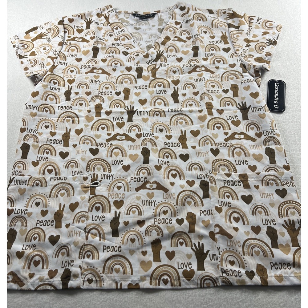 Cassandra O Women's Scrub Top Small NWT Peace Love Unity Rainbow Print V-Neck